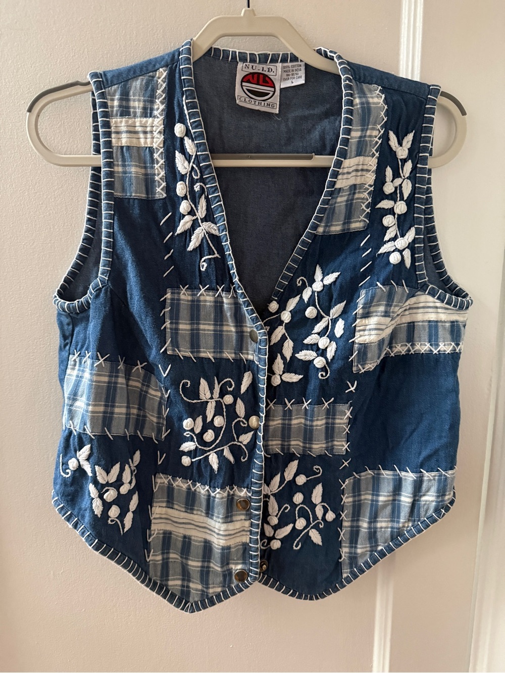 Blue and White Patchwork Embroidered Vest size L